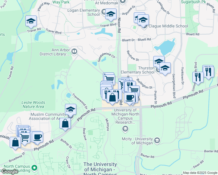 map of restaurants, bars, coffee shops, grocery stores, and more near 2641 Plymouth Road in Ann Arbor