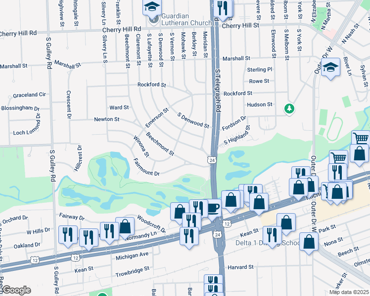 map of restaurants, bars, coffee shops, grocery stores, and more near 1074 Claremont Street in Dearborn