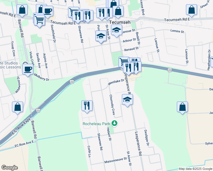 map of restaurants, bars, coffee shops, grocery stores, and more near 12110 Westlake Drive in Windsor