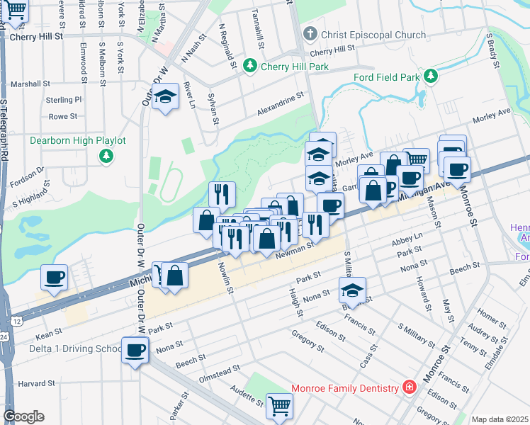 map of restaurants, bars, coffee shops, grocery stores, and more near 22699 Garrison Street in Dearborn