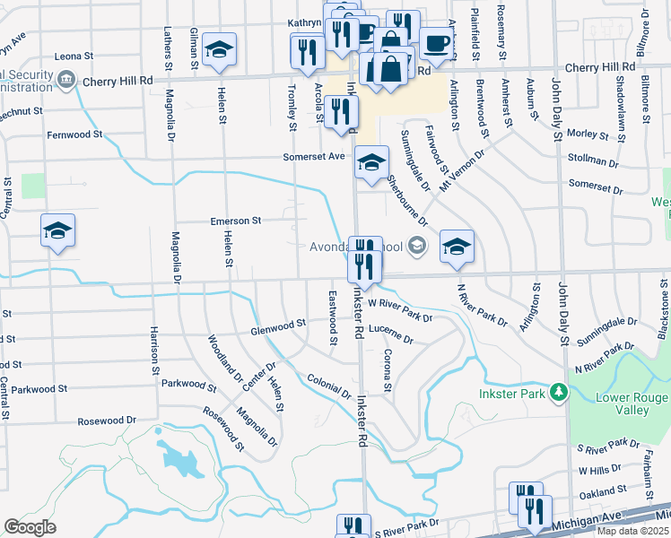 map of restaurants, bars, coffee shops, grocery stores, and more near 27441 Avondale Street in Inkster