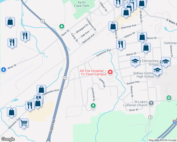 map of restaurants, bars, coffee shops, grocery stores, and more near 74 Pearl Street West in Sidney