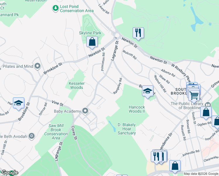 map of restaurants, bars, coffee shops, grocery stores, and more near 140 Rangeley Road in Brookline