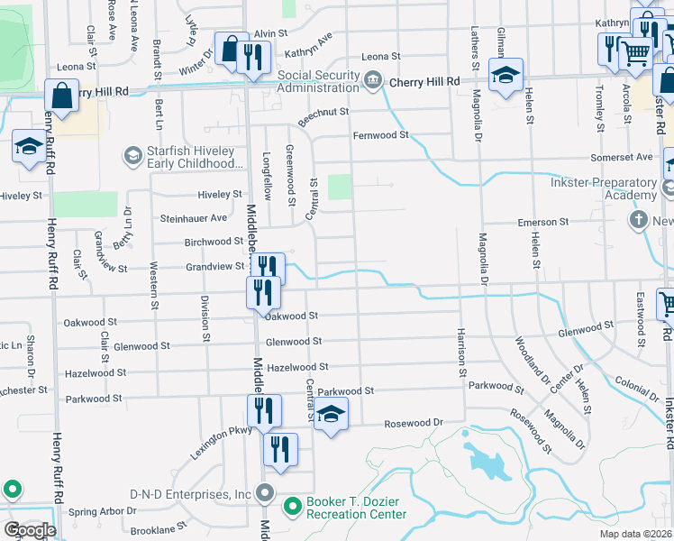 map of restaurants, bars, coffee shops, grocery stores, and more near 28988 Avondale Street in Inkster