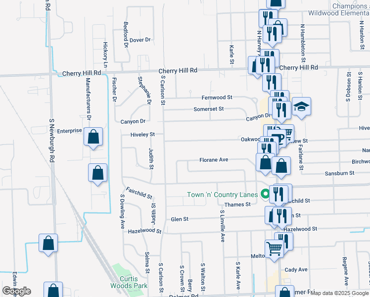 map of restaurants, bars, coffee shops, grocery stores, and more near 36150 Florane Street in Westland