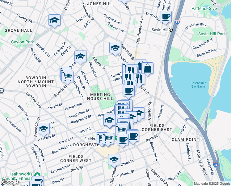 map of restaurants, bars, coffee shops, grocery stores, and more near 128 Adams Street in Boston