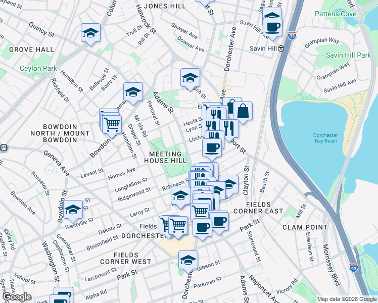 map of restaurants, bars, coffee shops, grocery stores, and more near 128 Adams Street in Boston