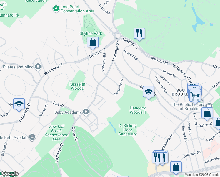 map of restaurants, bars, coffee shops, grocery stores, and more near 140 Rangeley Road in Brookline