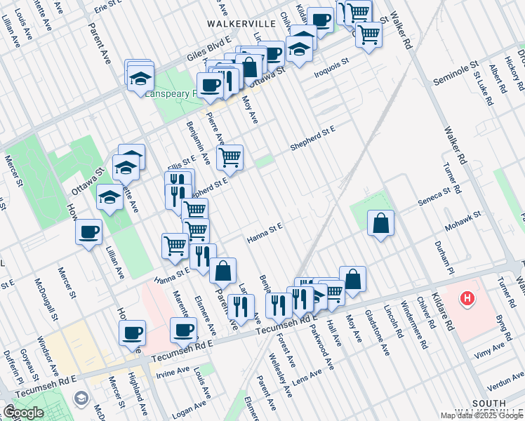 map of restaurants, bars, coffee shops, grocery stores, and more near 1576 Pierre Avenue in Windsor