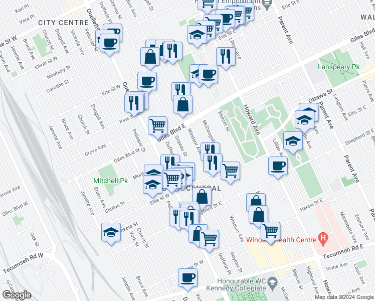 map of restaurants, bars, coffee shops, grocery stores, and more near 1310 Goyeau Street in Windsor