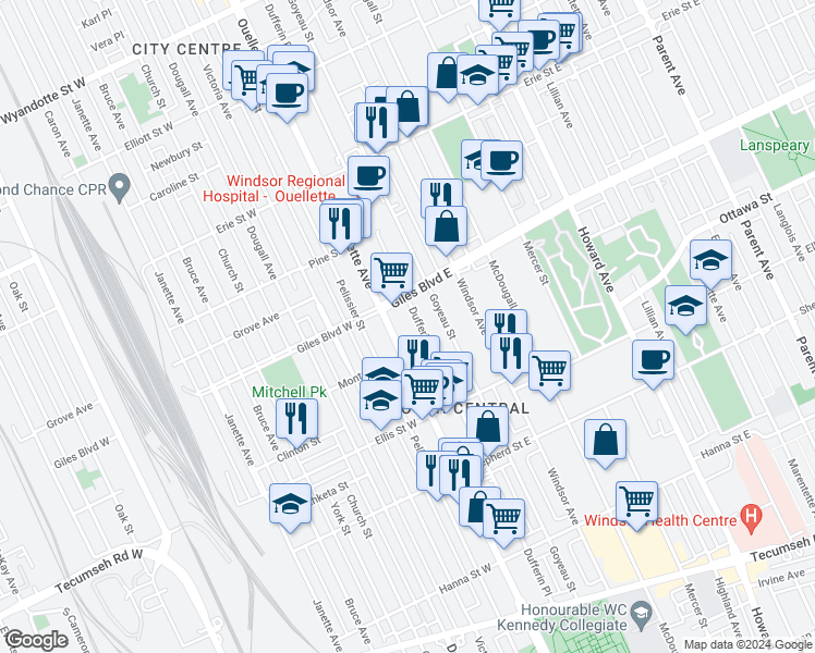 map of restaurants, bars, coffee shops, grocery stores, and more near 1285 Dufferin Place in Windsor