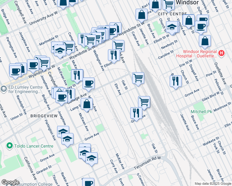 map of restaurants, bars, coffee shops, grocery stores, and more near in Windsor