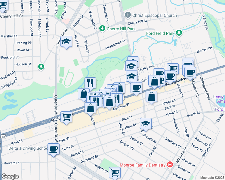 map of restaurants, bars, coffee shops, grocery stores, and more near 22699 Garrison Street in Dearborn