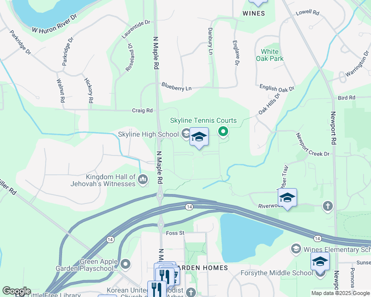 map of restaurants, bars, coffee shops, grocery stores, and more near 2552 N Maple Rd in Ann Arbor