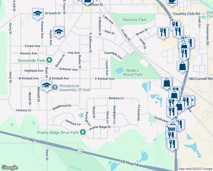 map of restaurants, bars, coffee shops, grocery stores, and more near 536 Burbank Avenue in Woodstock