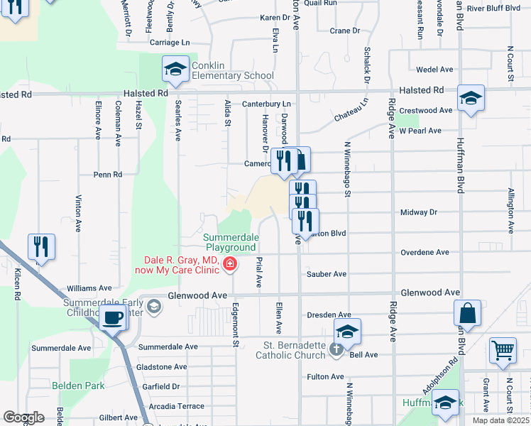map of restaurants, bars, coffee shops, grocery stores, and more near 3032 Ellen Avenue in Rockford