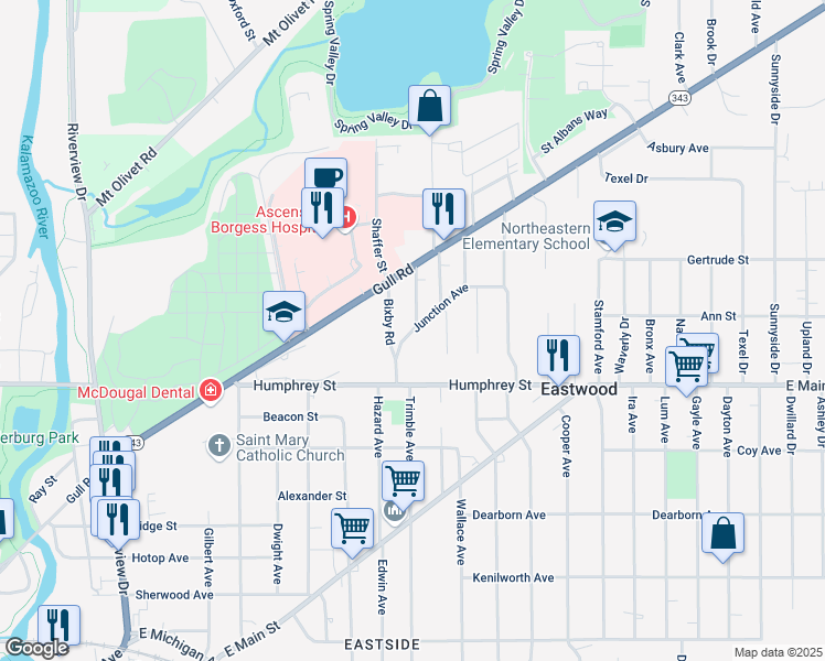 map of restaurants, bars, coffee shops, grocery stores, and more near 1806 Junction Avenue in Kalamazoo