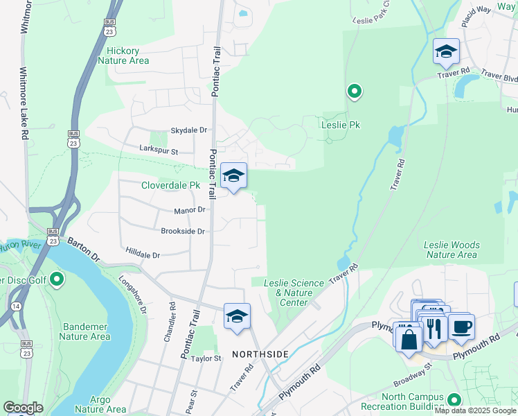 map of restaurants, bars, coffee shops, grocery stores, and more near 2106 Brookside Drive in Ann Arbor
