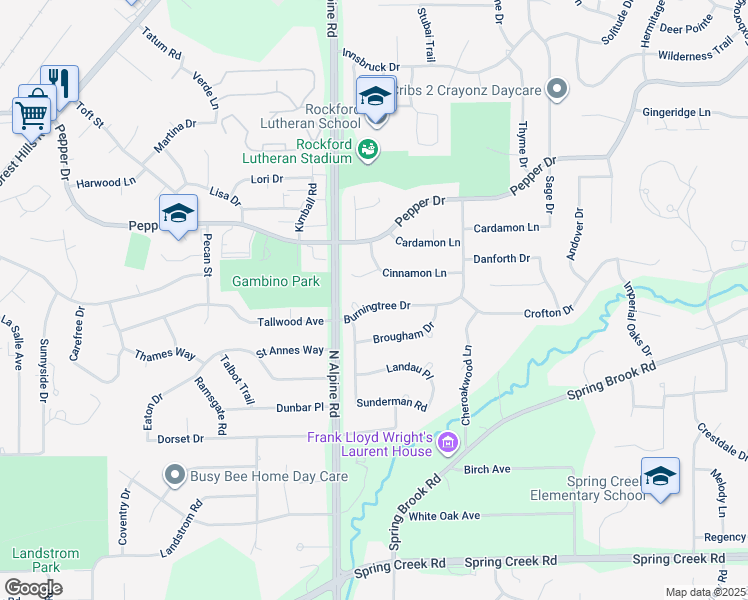 map of restaurants, bars, coffee shops, grocery stores, and more near 4586 Burningtree Drive in Rockford