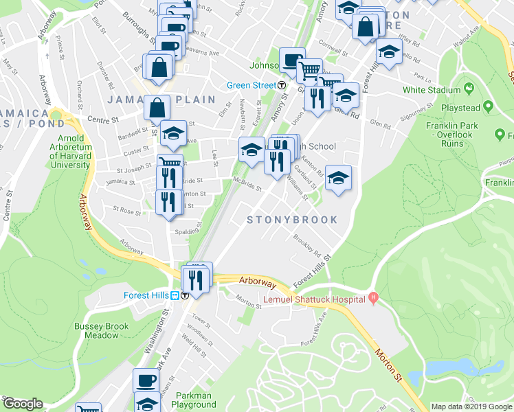 map of restaurants, bars, coffee shops, grocery stores, and more near Washington St & Brookley Rd in Boston