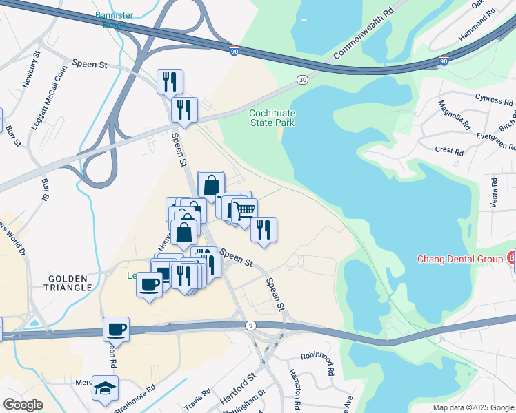 map of restaurants, bars, coffee shops, grocery stores, and more near 321 Speen Street in Natick