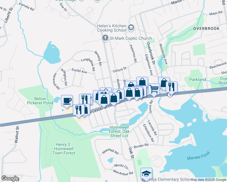 map of restaurants, bars, coffee shops, grocery stores, and more near 90 Oak Street in Natick