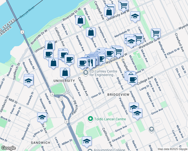 map of restaurants, bars, coffee shops, grocery stores, and more near 657 Randolph Avenue in Windsor