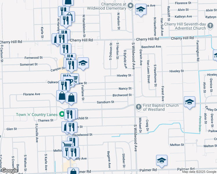 map of restaurants, bars, coffee shops, grocery stores, and more near 34705 Nancy Street in Westland