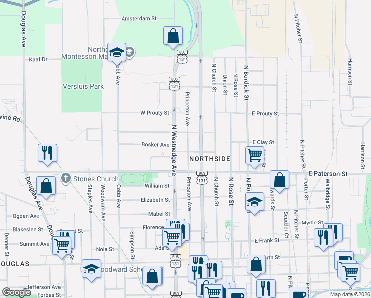 map of restaurants, bars, coffee shops, grocery stores, and more near 415 Bessie Street in Kalamazoo