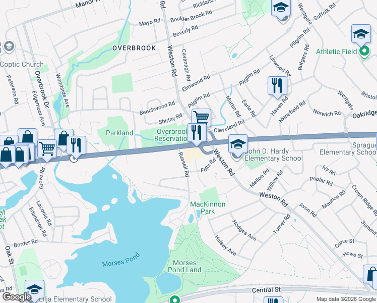 map of restaurants, bars, coffee shops, grocery stores, and more near 874 Massachusetts 9 in Wellesley