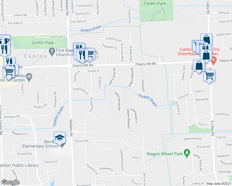 map of restaurants, bars, coffee shops, grocery stores, and more near 664 Cherry Orchard Road in Canton