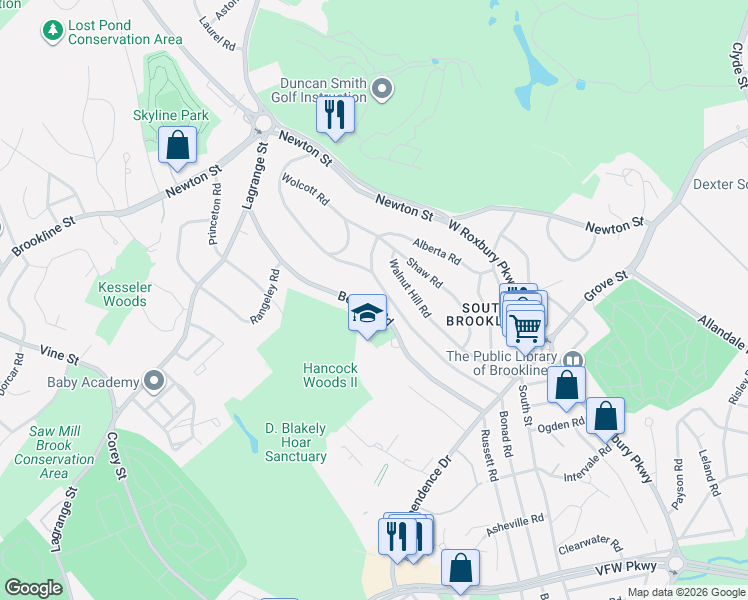 map of restaurants, bars, coffee shops, grocery stores, and more near 160 Beverly Road in Brookline