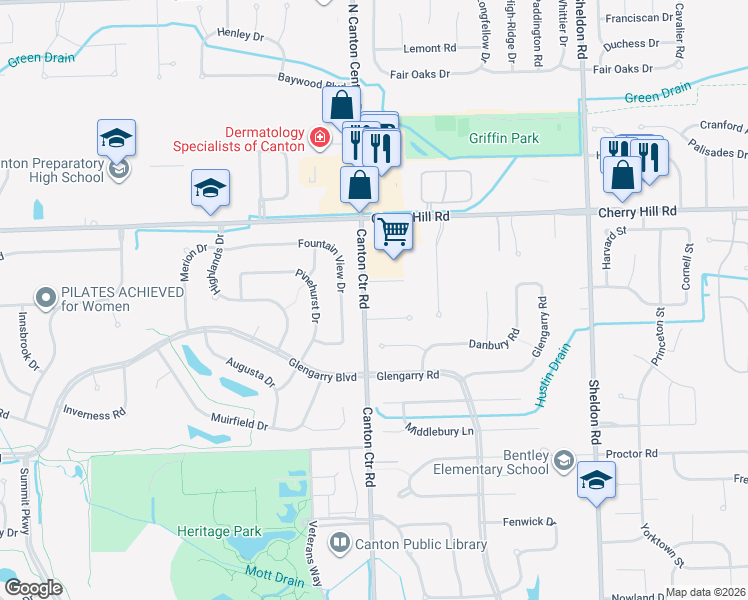 map of restaurants, bars, coffee shops, grocery stores, and more near 345 North Canton Center Road in Canton