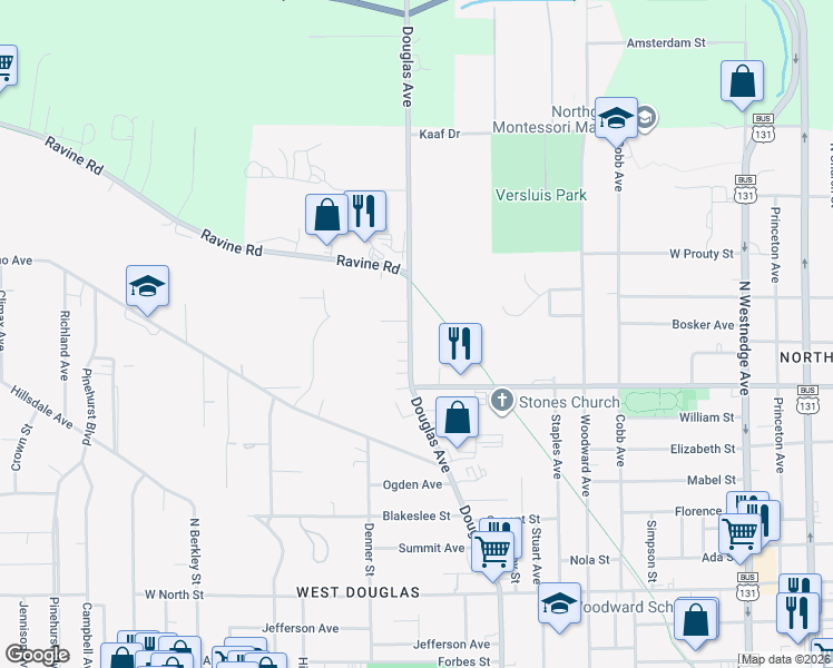 map of restaurants, bars, coffee shops, grocery stores, and more near 1404 Douglas Avenue in Kalamazoo