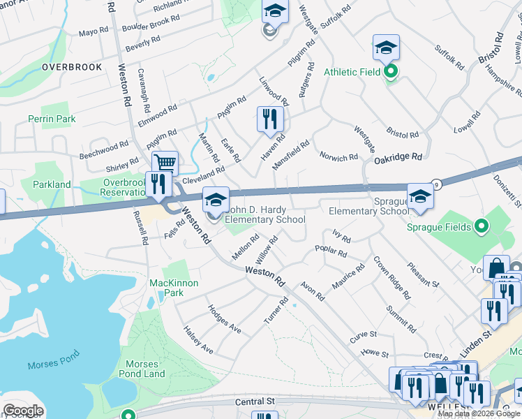 map of restaurants, bars, coffee shops, grocery stores, and more near 28 Hickory Road in Wellesley