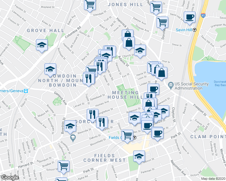 map of restaurants, bars, coffee shops, grocery stores, and more near 212 Hamilton Street in Boston