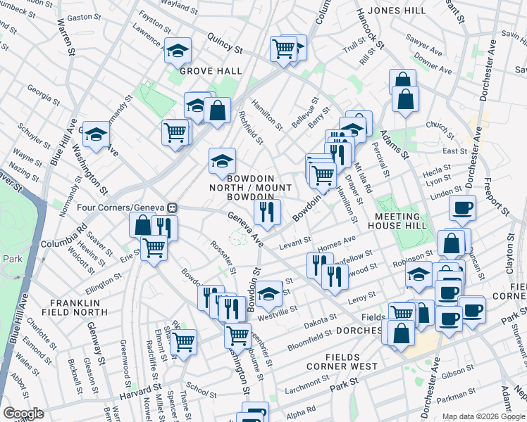 map of restaurants, bars, coffee shops, grocery stores, and more near 42 Everton Street in Boston