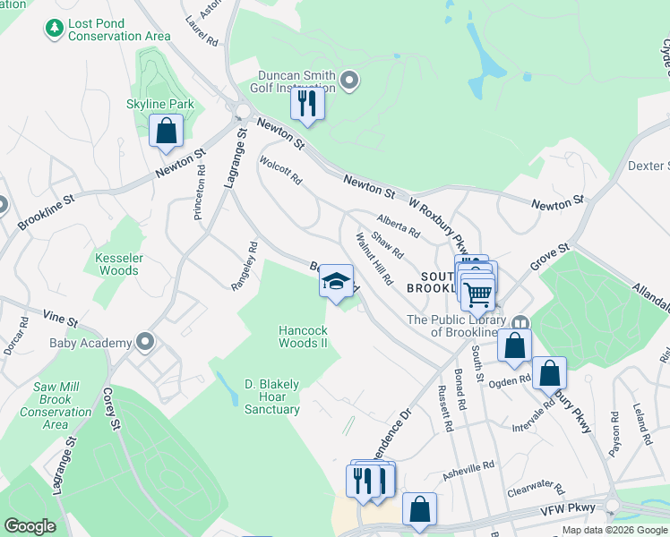 map of restaurants, bars, coffee shops, grocery stores, and more near 160 Beverly Road in Brookline