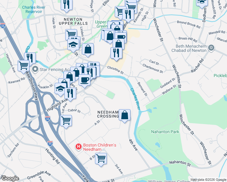 map of restaurants, bars, coffee shops, grocery stores, and more near 59 Highland Terrace in Needham
