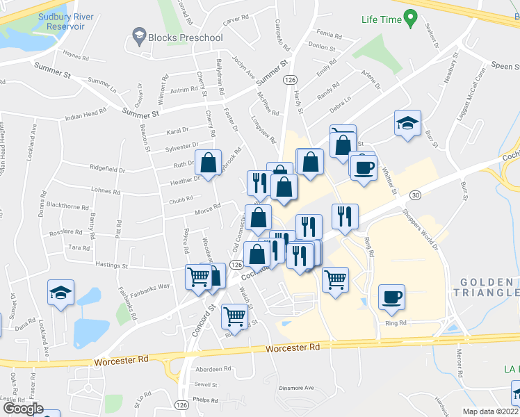 map of restaurants, bars, coffee shops, grocery stores, and more near 950 Concord Street in Framingham