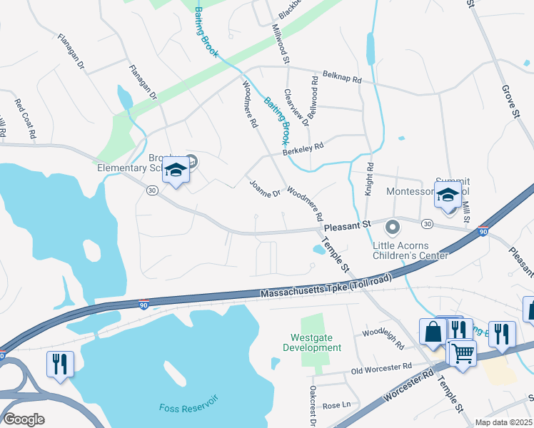 map of restaurants, bars, coffee shops, grocery stores, and more near 2 Fieldstone Way in Framingham