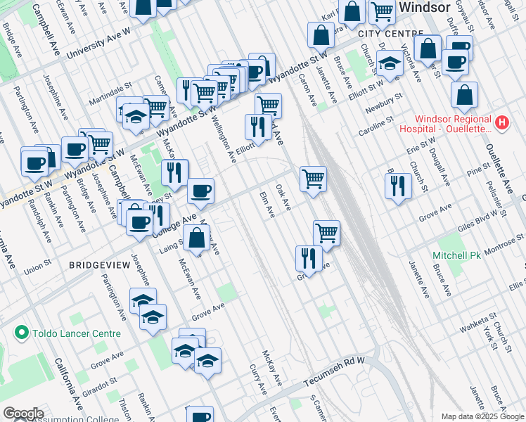 map of restaurants, bars, coffee shops, grocery stores, and more near in Windsor
