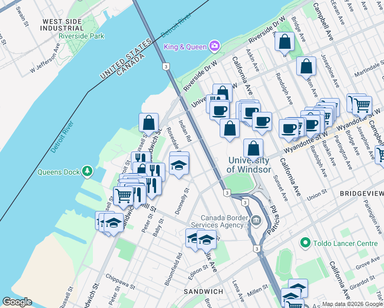 map of restaurants, bars, coffee shops, grocery stores, and more near in Windsor
