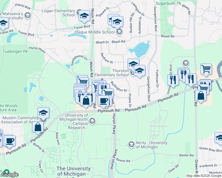 map of restaurants, bars, coffee shops, grocery stores, and more near 2845 Briarcliff Street in Ann Arbor
