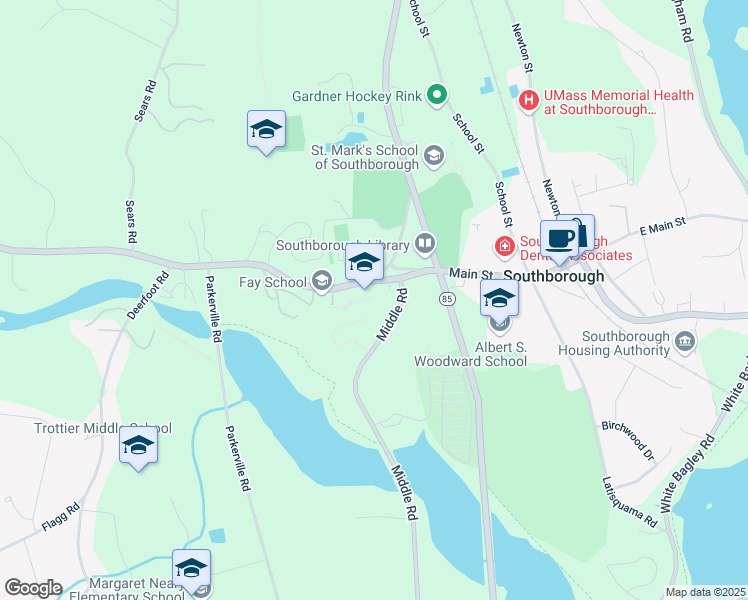 map of restaurants, bars, coffee shops, grocery stores, and more near 48 Main Street in Southborough