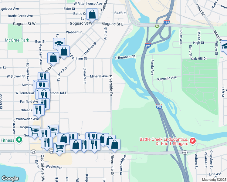 map of restaurants, bars, coffee shops, grocery stores, and more near 359 Riverside Drive in Battle Creek