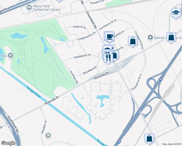 map of restaurants, bars, coffee shops, grocery stores, and more near in Dearborn