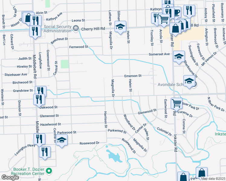 map of restaurants, bars, coffee shops, grocery stores, and more near 922 Magnolia Dr in Inkster