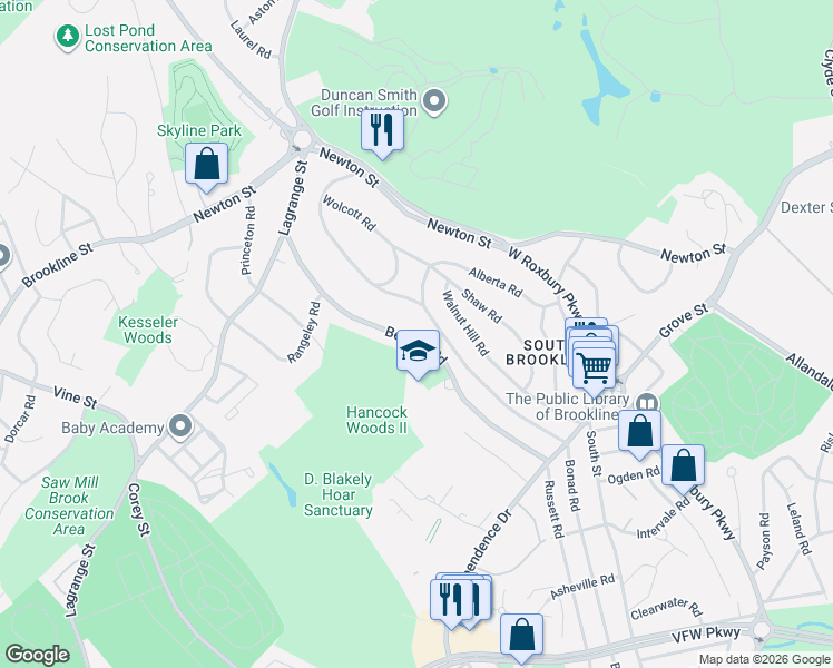 map of restaurants, bars, coffee shops, grocery stores, and more near 160 Beverly Road in Brookline