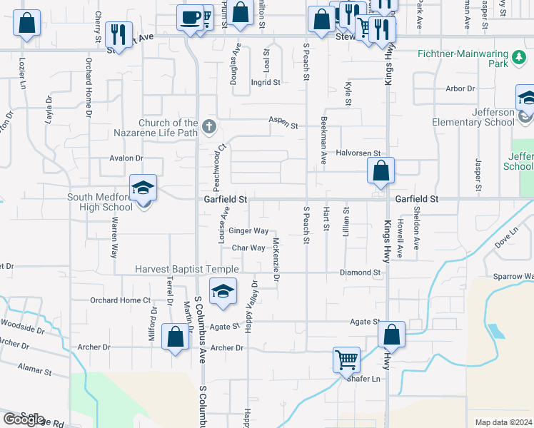 map of restaurants, bars, coffee shops, grocery stores, and more near 1047 Garfield Street in Medford